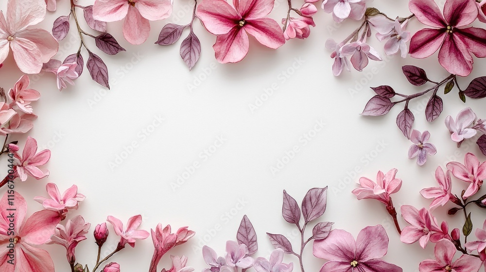 Elegant Floral Frame with Pink and Purple Flowers on a White Background for Invitations and Design Projects Elegant Floral Frame with Pink and Purple Flowers on a White Background for Invitations and Design Projects