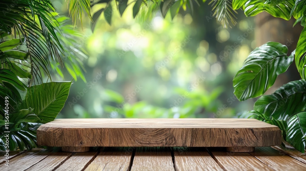 Rustic Wooden Platform in Lush Green Jungle Setting with Tropical Leaves and Sunlight Filtering Through Foliage