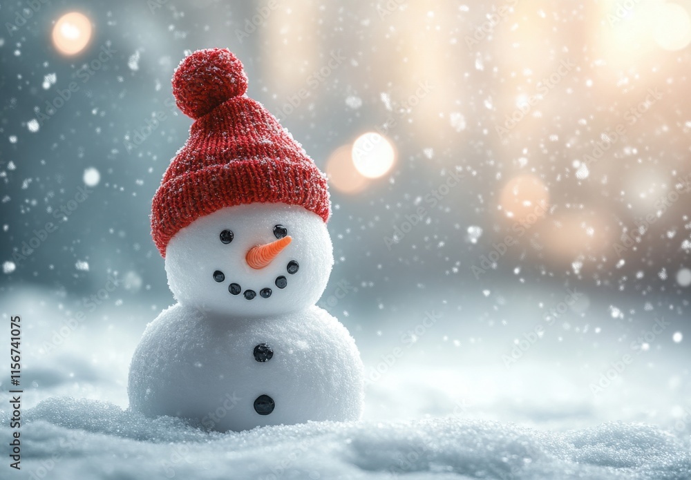 Charming Snowman with Red Knit Hat and Bright Orange Carrot Nose in a Winter Wonderland Scene with Soft Snow and Sparkling Bokeh Background Charming Snowman with Red Knit Hat and Bright Orange Carrot Nose in a Winter Wonderland Scene with Soft Snow and Sparkling Bokeh Background