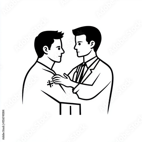 Two male health professionals sharing a moment, one in a lab coat assessing the other with a caring demeanor.
