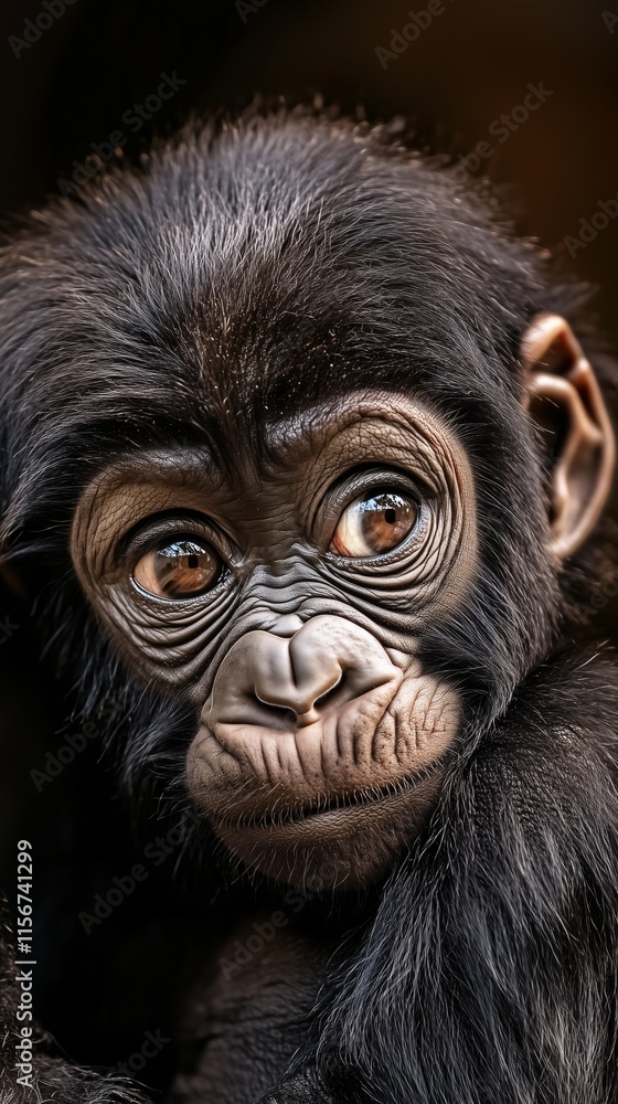 Close-up of a baby gorilla with wide, expressive eyes, symbolizing innocence and wildlife beauty. Close-up of a baby gorilla with wide, expressive eyes, symbolizing innocence and wildlife beauty.