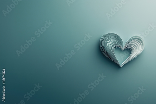 A heart shape made from slightly folded paper on a gradient teal background, symbolizing the simplicity and beauty of love in its purest form. Copy space on the left.