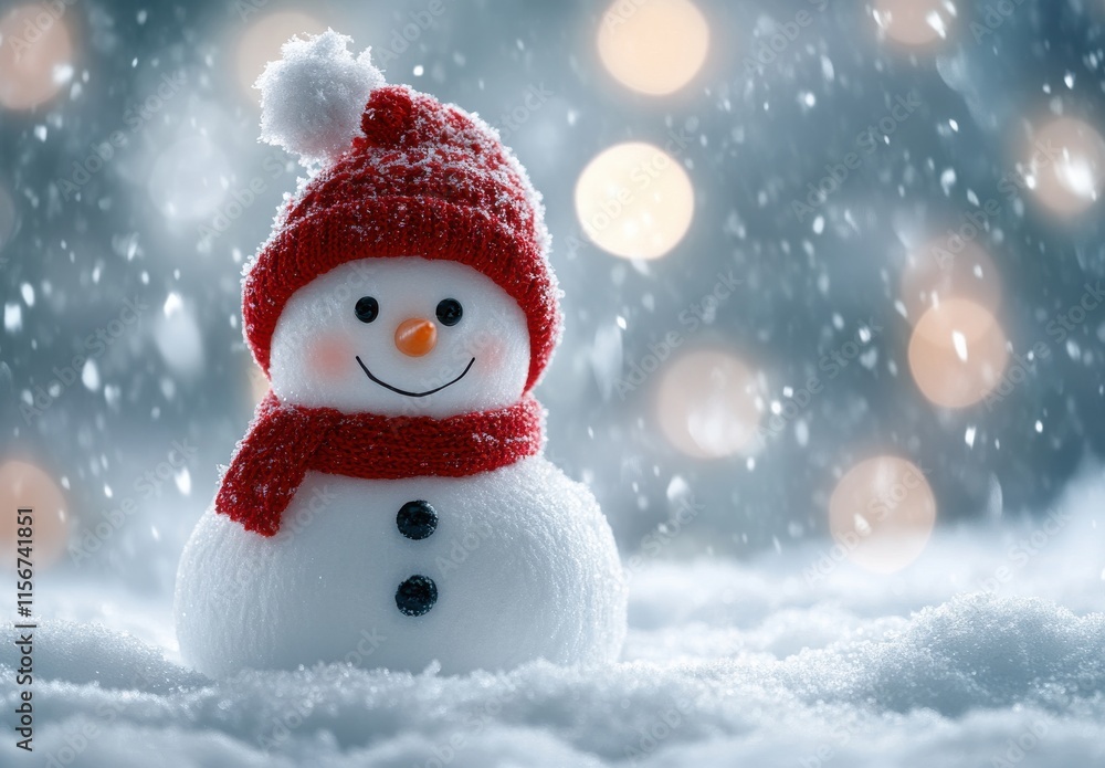 Cheerful Snowman with Red Hat and Scarf Surrounded by Snowflakes in a Winter Wonderland, Perfect for Holiday Celebrations and Seasonal Greetings Cheerful Snowman with Red Hat and Scarf Surrounded by Snowflakes in a Winter Wonderland, Perfect for Holiday Celebrations and Seasonal Greetings