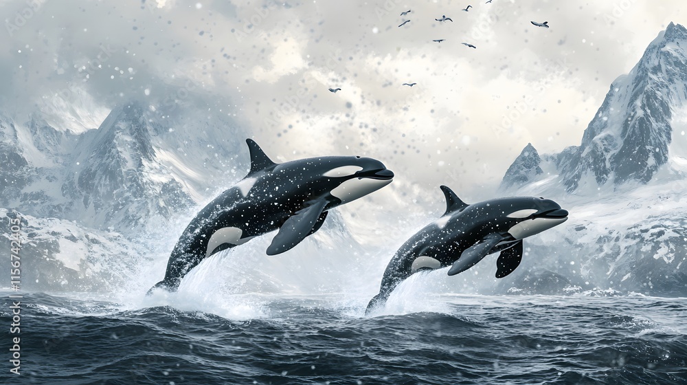 Obraz premium Two Orcas Leap Through Snowy Mountain Waves