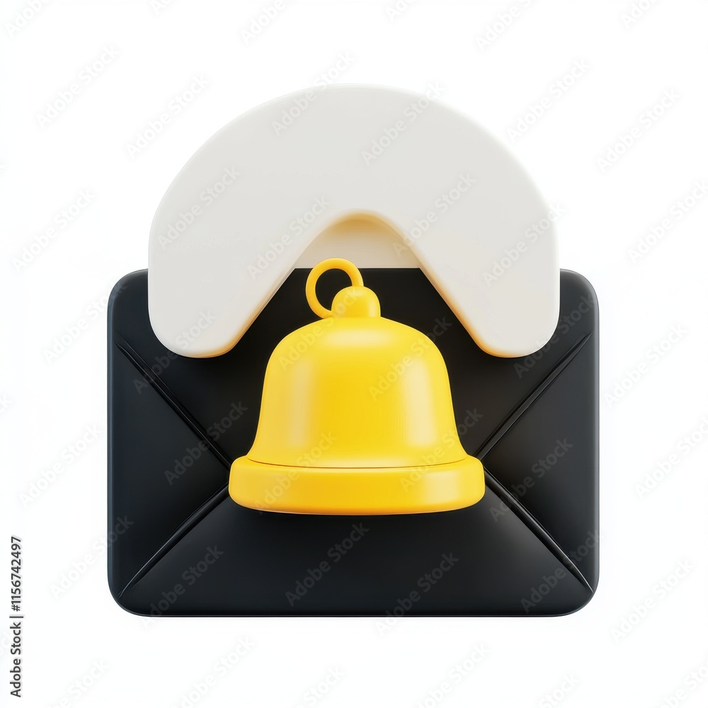 Fototapeta premium A vibrant yellow bell placed on a sleek black envelope with a white top flap, symbolizing notification or alert.