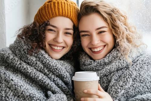 Two Young Women Enjoying Hot Coffee Together While Snuggled in Cozy Blankets by the Window in a Snowy Setting, Radiating Warmth and Friendship photo