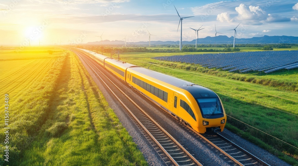 Fototapeta premium Vibrant Yellow Train Traveling Through Scenic Landscape with Wind Turbines and Solar Panels Under a Bright Blue Sky at Sunset