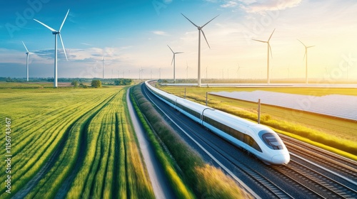 Modern High-Speed Train Traveling Through Scenic Green Landscape with Wind Turbines and Solar Panels Under Bright Blue Sky at Sunset