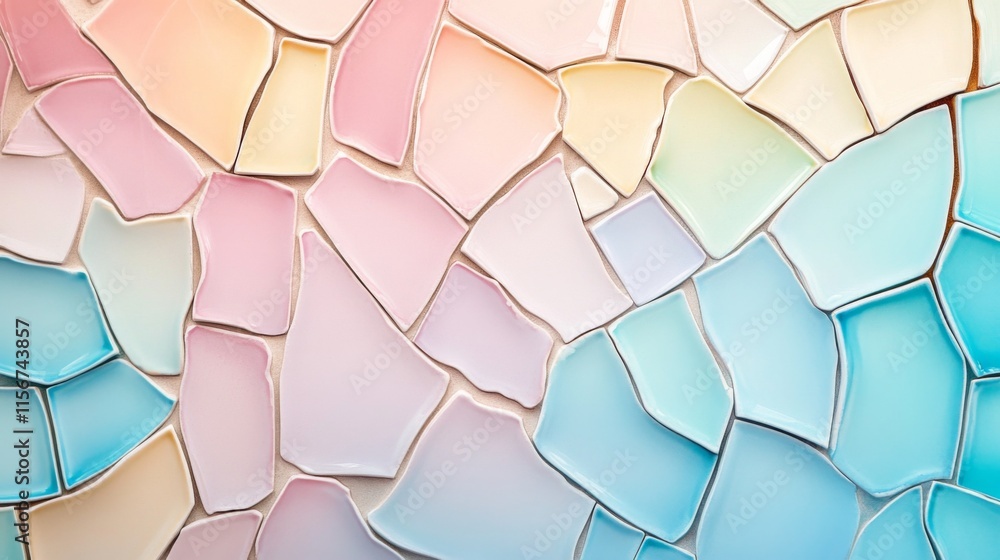 Pastel-colored broken ceramic pieces arranged in a mosaic pattern. Pastel-colored broken ceramic pieces arranged in a mosaic pattern.