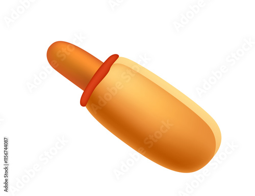 Cartoon 3d style hotdog with sausage and ketchup sauce. Sweet tasty bun. Fastfood dinner. Vector illustration isolated on white background