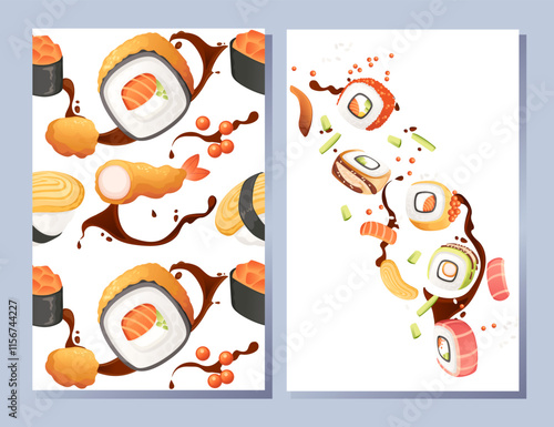 Vertical banner design. Advertising style menu card. Sushi roll japan street fast food with seafood salmon tuna and rice with cheese vector illustration on white background