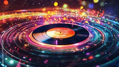 A glowing vinyl record spinning in a sea of colorful light. Music concept