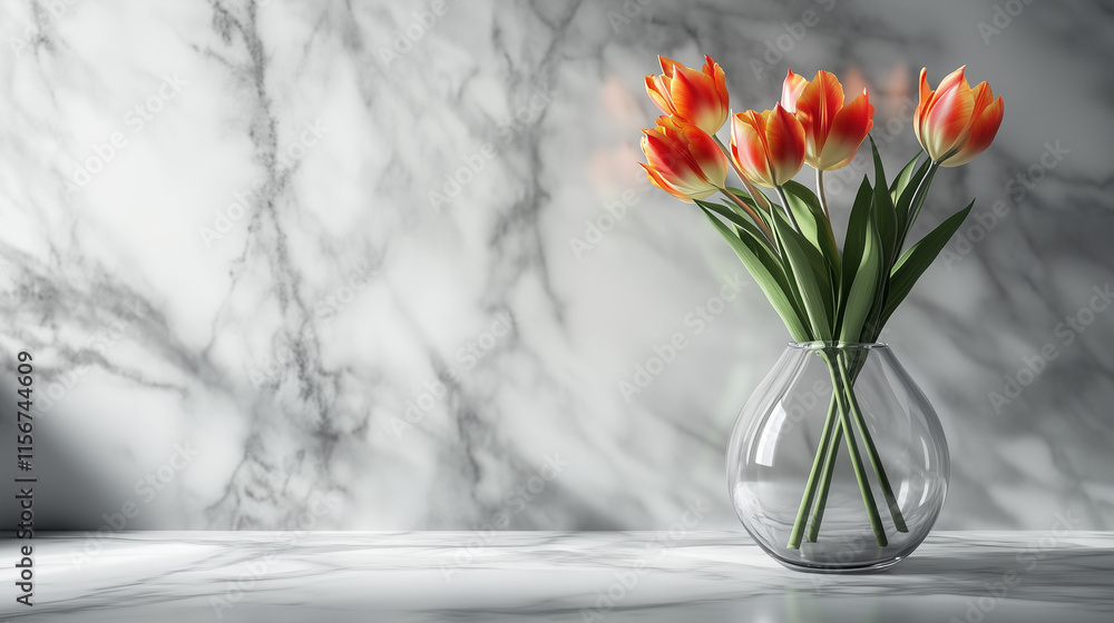 Fototapeta premium Realistic Photograph of a Minimalist Glass Vase with Fresh Tulips on Marble Surface