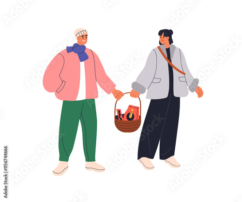 Couple holding shopping basket, preparing for Chinese holidays. Asian man and...