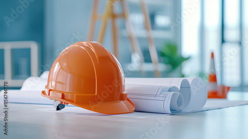 orange safety helmet on desk with blueprints in modern office setting photo