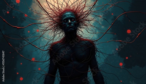 Abstract dark humanoid figure with glowing red eyes and tangled lines, evoking eerie and surreal emotions