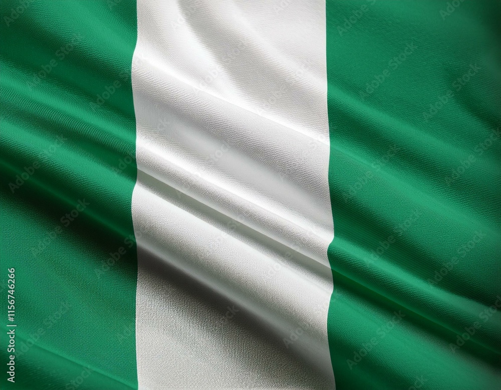 Obraz premium Nigeria national flag waving in the sky behind the tree. The flag blow in beautiful sunlight. Nigeria national flag for independence day.