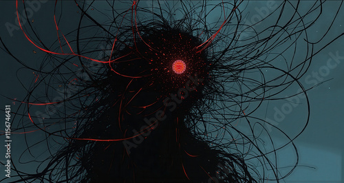 Abstract dark humanoid figure with glowing red eyes and tangled lines, evoking eerie and surreal emotions