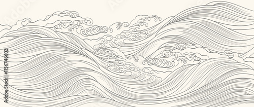 Abstract landscape with Japanese wave pattern vector. Nature art background with Chinese wave and cloud template in oriental style.