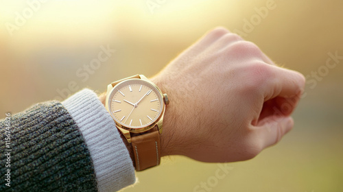 Close-up of hand wearing leather strap wristwatch in warm sunlight