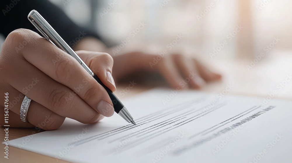 Close-up of hand signing document with pen on desk Close-up of hand signing document with pen on desk