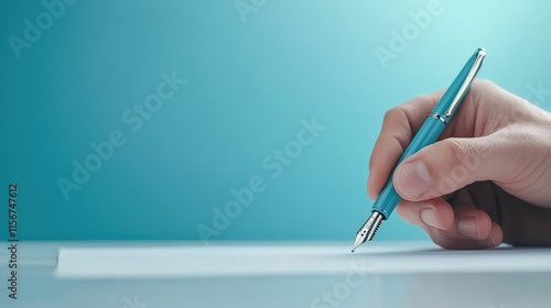 Hand holding fountain pen writing on paper against blue background