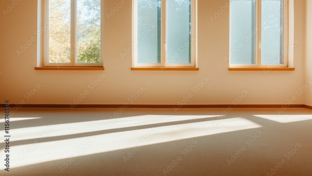 Sunlight shining through windows in empty room with carpeted floors Sunlight shining through windows in empty room with carpeted floors
