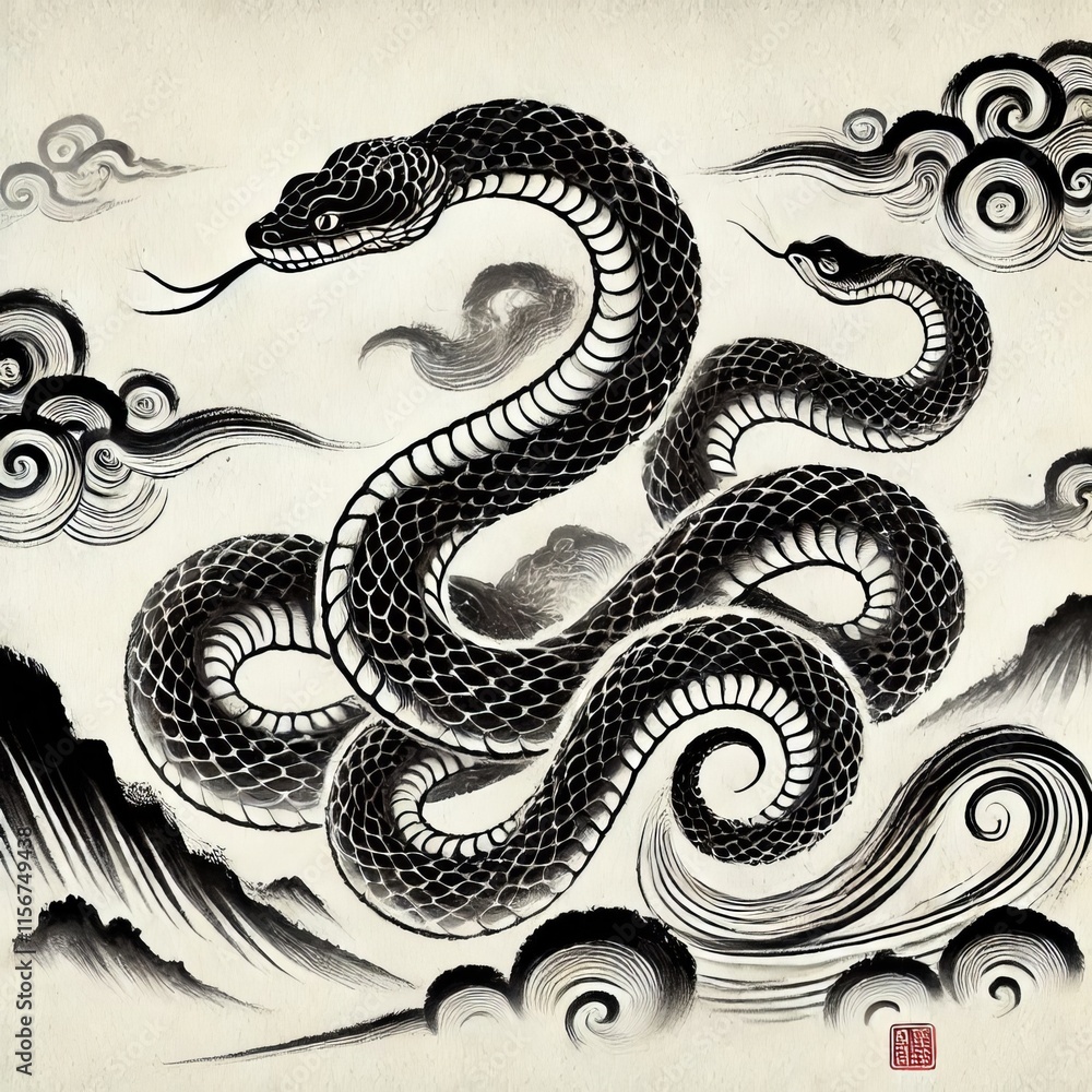 Chinese Zodiac Snake Sign - Year of the Snake - Cycle of Animals and Chinese Calendar - Asian Zodiac and Astrology - New Year Animal - Water, Earth, Wood, Metal and Fire - Ink Painting Chinese Zodiac Snake Sign - Year of the Snake - Cycle of Animals and Chinese Calendar - Asian Zodiac and Astrology - New Year Animal - Water, Earth, Wood, Metal and Fire - Ink Painting