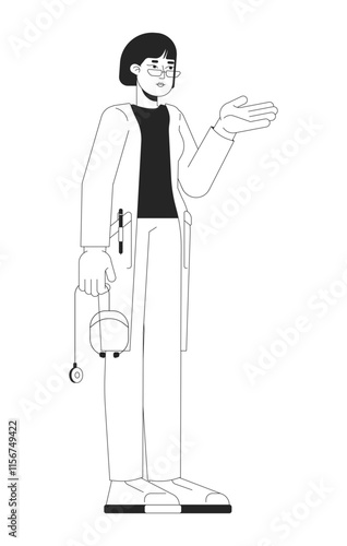 Asian female doctor in white coat gesturing with stethoscope black and white 2D line character. Medical explanation. Woman practitioner isolated vector outline person. Monochromatic spot illustration
