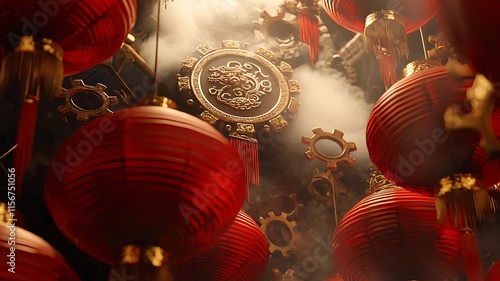 Intricate and futuristic steampunk inspired design for a Chinese New Year an arrangement of ornamental metallic gears cogs and red lanterns with a textured metallic placeholder element in the center photo