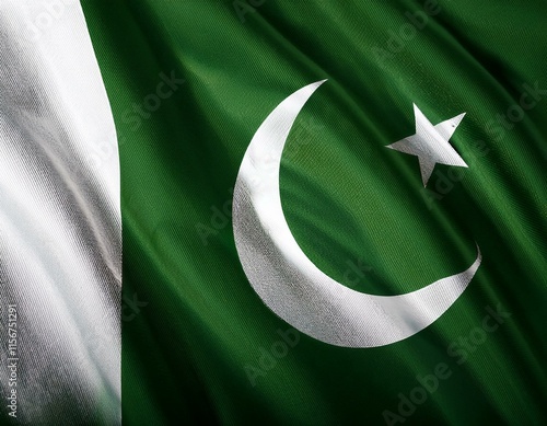 Pakistan flag wavering in beautiful clouds with building skyline. The flag fadding in the clouds. Pakistan national flag for independence day. photo