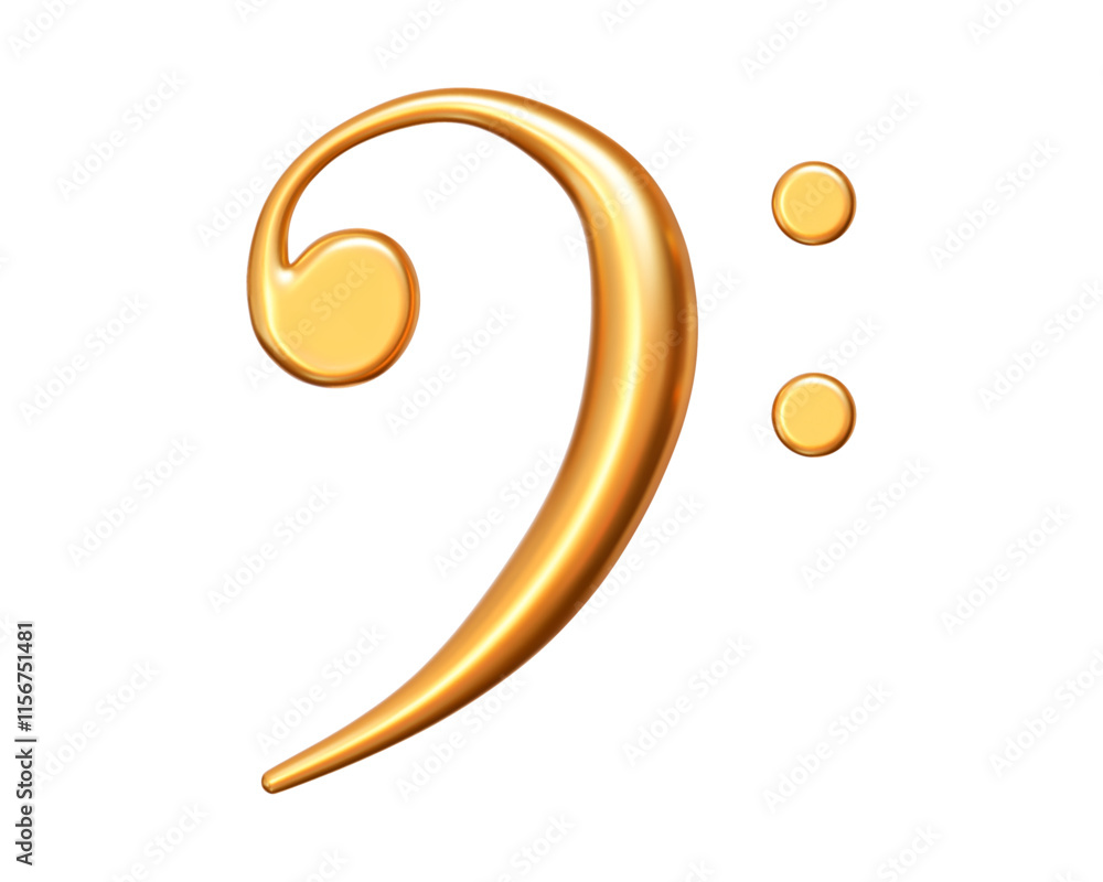 3d realistic golden metal bass clef. Music icon for design. Stock vector illustration on isolated background.