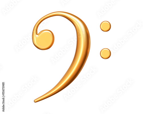 3d realistic golden metal bass clef. Music icon for design. Stock vector illustration on isolated background.