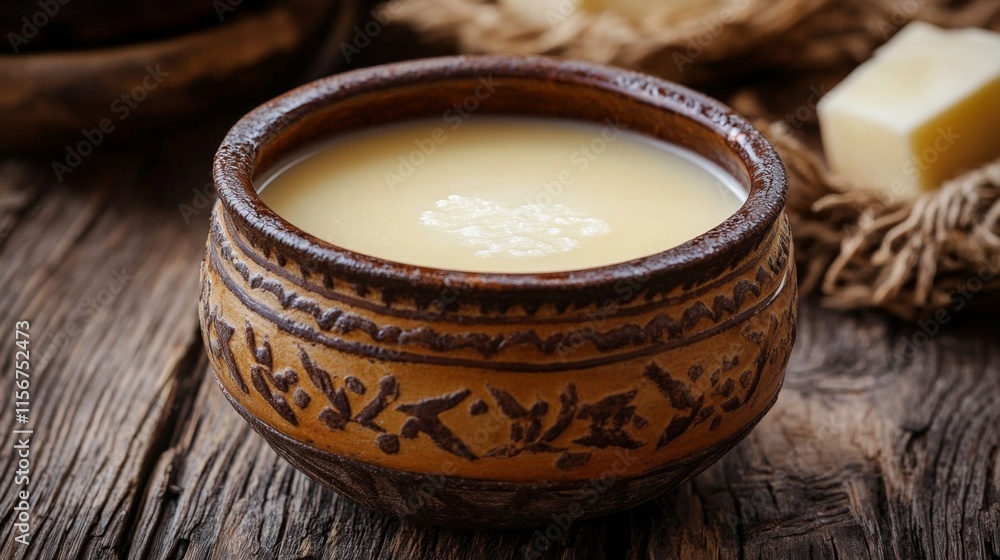 Traditional Creamy Dairy Beverage in a Rustic Pottery Bowl Traditional Creamy Dairy Beverage in a Rustic Pottery Bowl