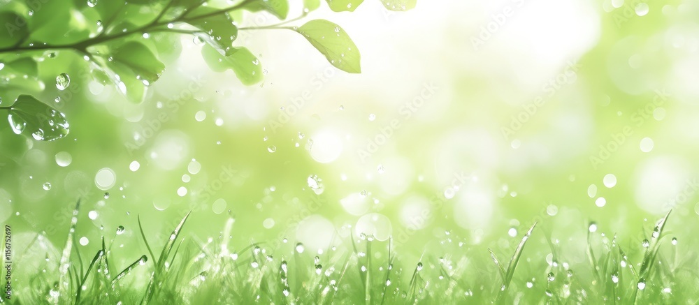 Fresh Green Background Featuring Water Drops on Glass with Soft Bokeh Effect and Ample Copy Space for Text or Branding Messages Fresh Green Background Featuring Water Drops on Glass with Soft Bokeh Effect and Ample Copy Space for Text or Branding Messages