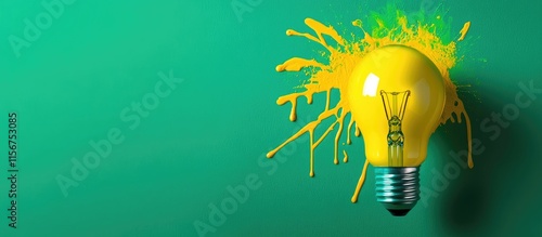 Glowing yellow lightbulb with dripping paint on bright green background representing creativity and innovation with space for text photo