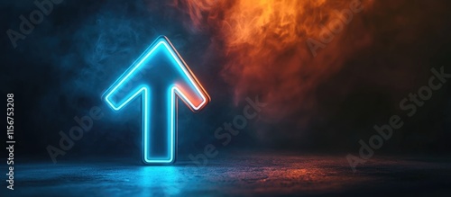 Neon blue and orange upward arrow symbolizing growth and progress glowing in dark space inspiring motivation with room for text insertion photo