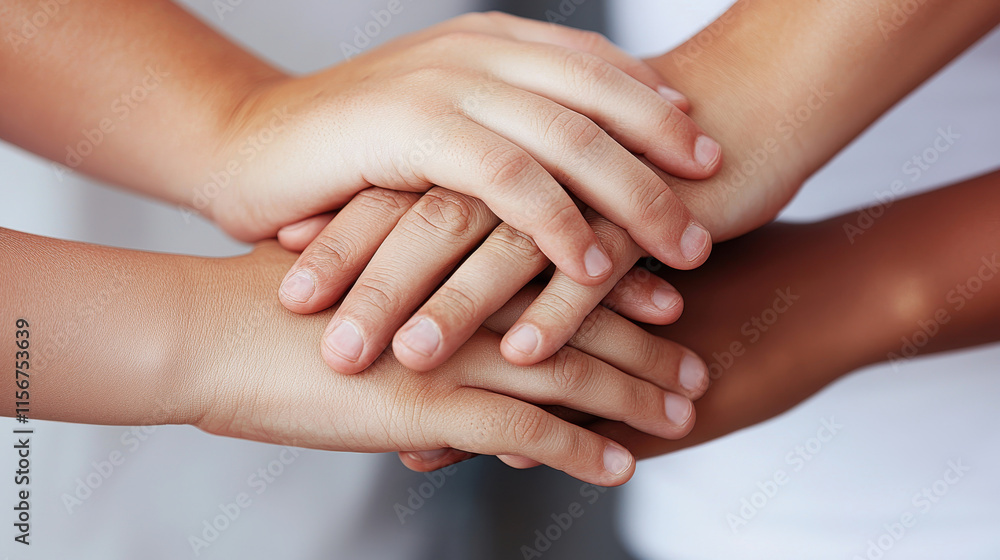 A close-up of multiple hands stacked together, symbolizing unity, teamwork, and collaboration among diverse individuals. A close-up of multiple hands stacked together, symbolizing unity, teamwork, and collaboration among diverse individuals.