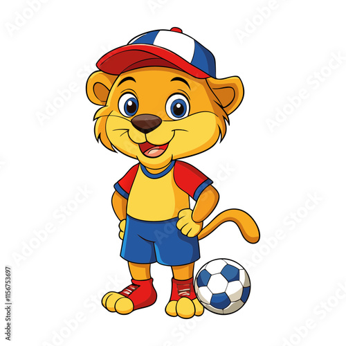 A cute cartoon lion cub with football vector art illustration