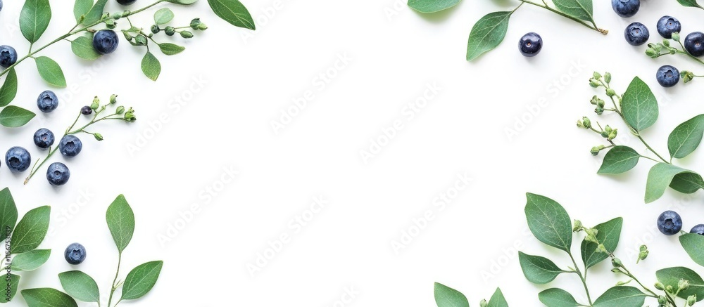 Freshly harvested blueberries surrounded by greenery on a white background ideal for text placement or food related promotions Freshly harvested blueberries surrounded by greenery on a white background ideal for text placement or food related promotions