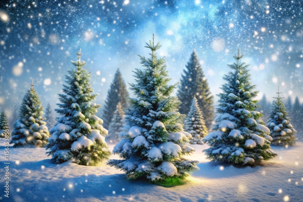 Obraz premium Snowy Christmas Trees Action Shot: Festive Winter Wonderland Background Images
