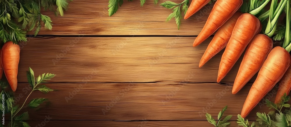 Fresh Carrots Arranged on Rustic Wooden Surface with Space for Text and Greenery Accents for Creative Culinary Designs Fresh Carrots Arranged on Rustic Wooden Surface with Space for Text and Greenery Accents for Creative Culinary Designs