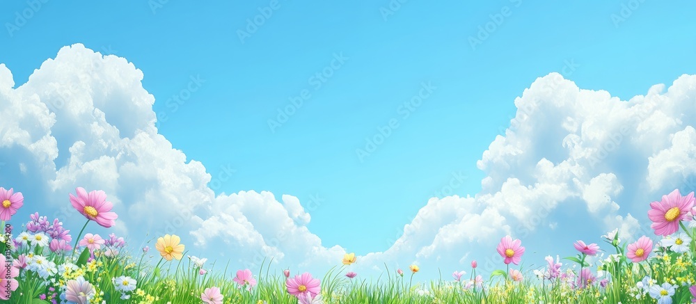 Vibrant Spring Meadow with Colorful Flowers Beneath a Clear Blue Sky and Fluffy Clouds Perfect for Text Overlays Vibrant Spring Meadow with Colorful Flowers Beneath a Clear Blue Sky and Fluffy Clouds Perfect for Text Overlays