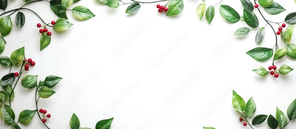 Floral wreath design with green leaves and red berries creating a blank space for text or message placement in a clean, elegant layout Floral wreath design with green leaves and red berries creating a blank space for text or message placement in a clean, elegant layout