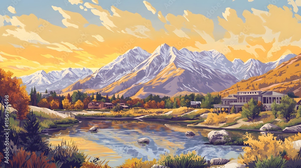 Obraz premium Serene Autumn Mountain Lake Village Scene