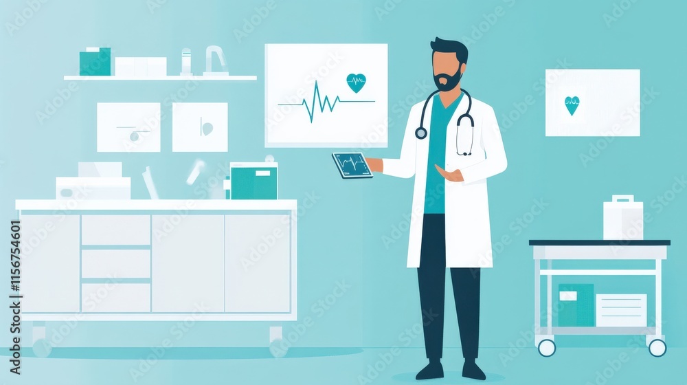Professional male doctor in a modern healthcare environment, holding a tablet and surrounded by medical equipment, screens, and organized workspace elements for healthcare professionals Professional male doctor in a modern healthcare environment, holding a tablet and surrounded by medical equipment, screens, and organized workspace elements for healthcare professionals