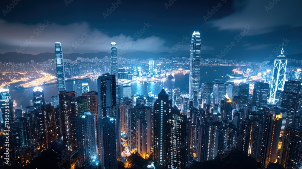 Fototapeta premium Stunning Aerial View of a Vibrant City Skyline at Night Featuring Skyscrapers, Waterfronts, and Bright City Lights Against a Cloudy Sky in Hong Kong