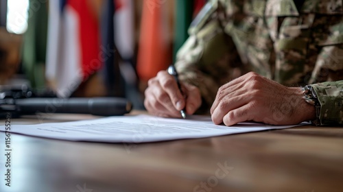 Military officer in uniform carefully reviewing a contract document on a wooden table, serious expression reflecting the significance of the agreement in a professional setting.