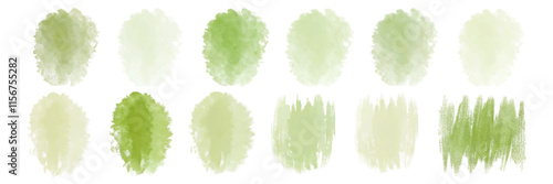 Soft green watercolor swatches, textured backgrounds, artistic design elements, nature-inspired color palette, versatile for creative projects.
