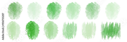 Soft green watercolor swatches, textured brush strokes, artistic design elements, versatile background options.